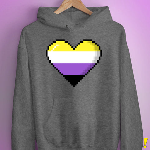 Nonbinary Pride 8-Bit Pixel Heart Hoodie - Grey Heather